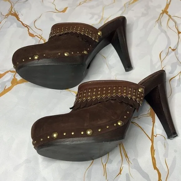 Isabella Fiore made in Italy, brown suede clog heels with stud detail