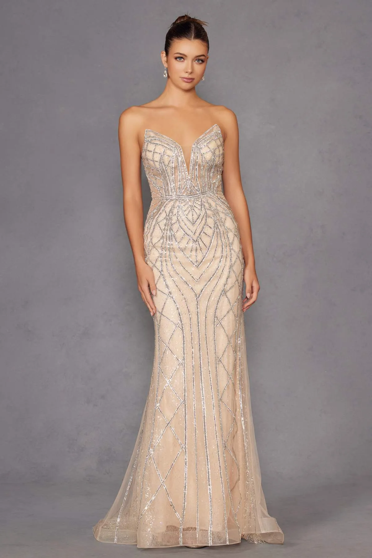 Juliet JT2525L Luxury High End Strapless Fitted Evening Gown