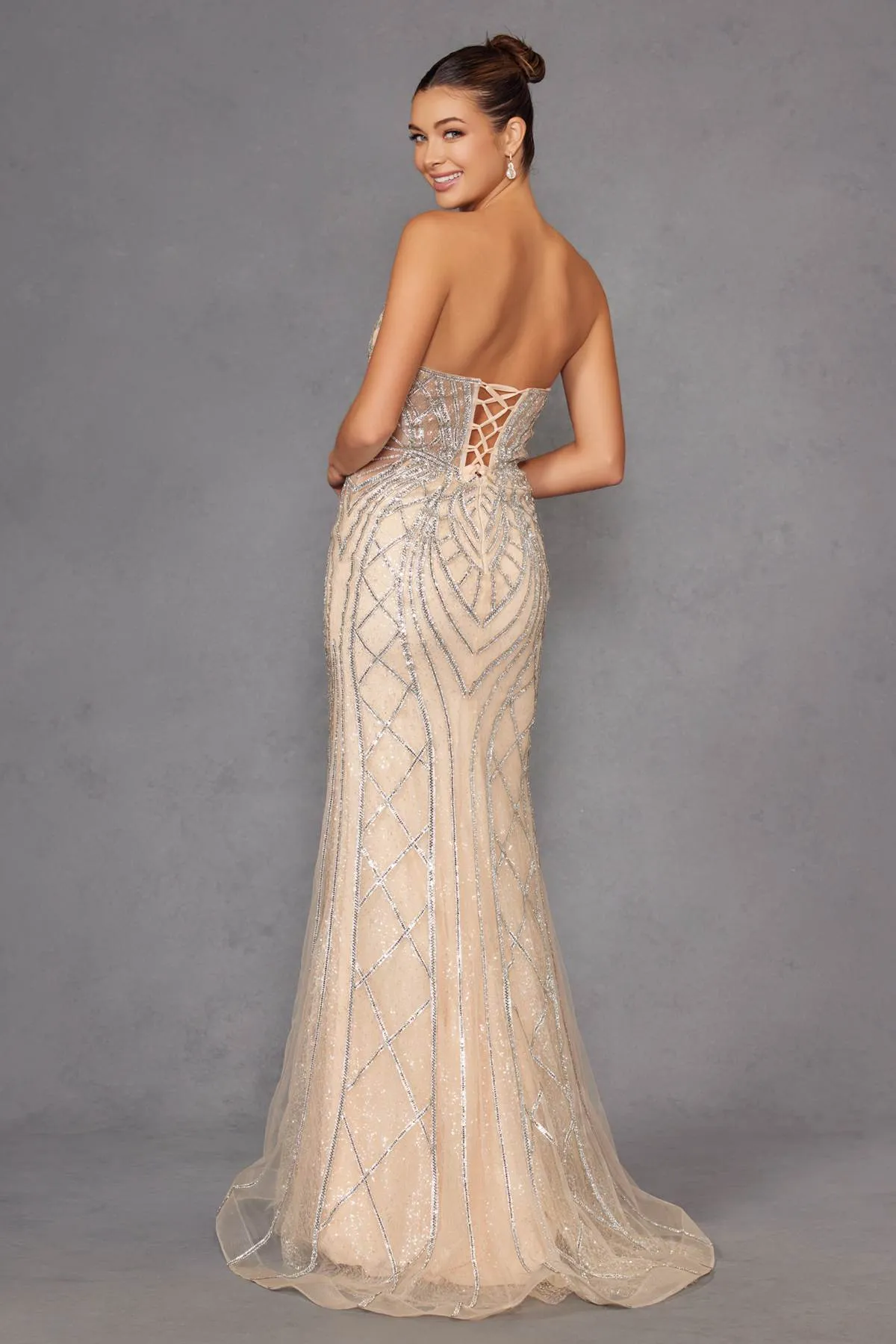 Juliet JT2525L Luxury High End Strapless Fitted Evening Gown