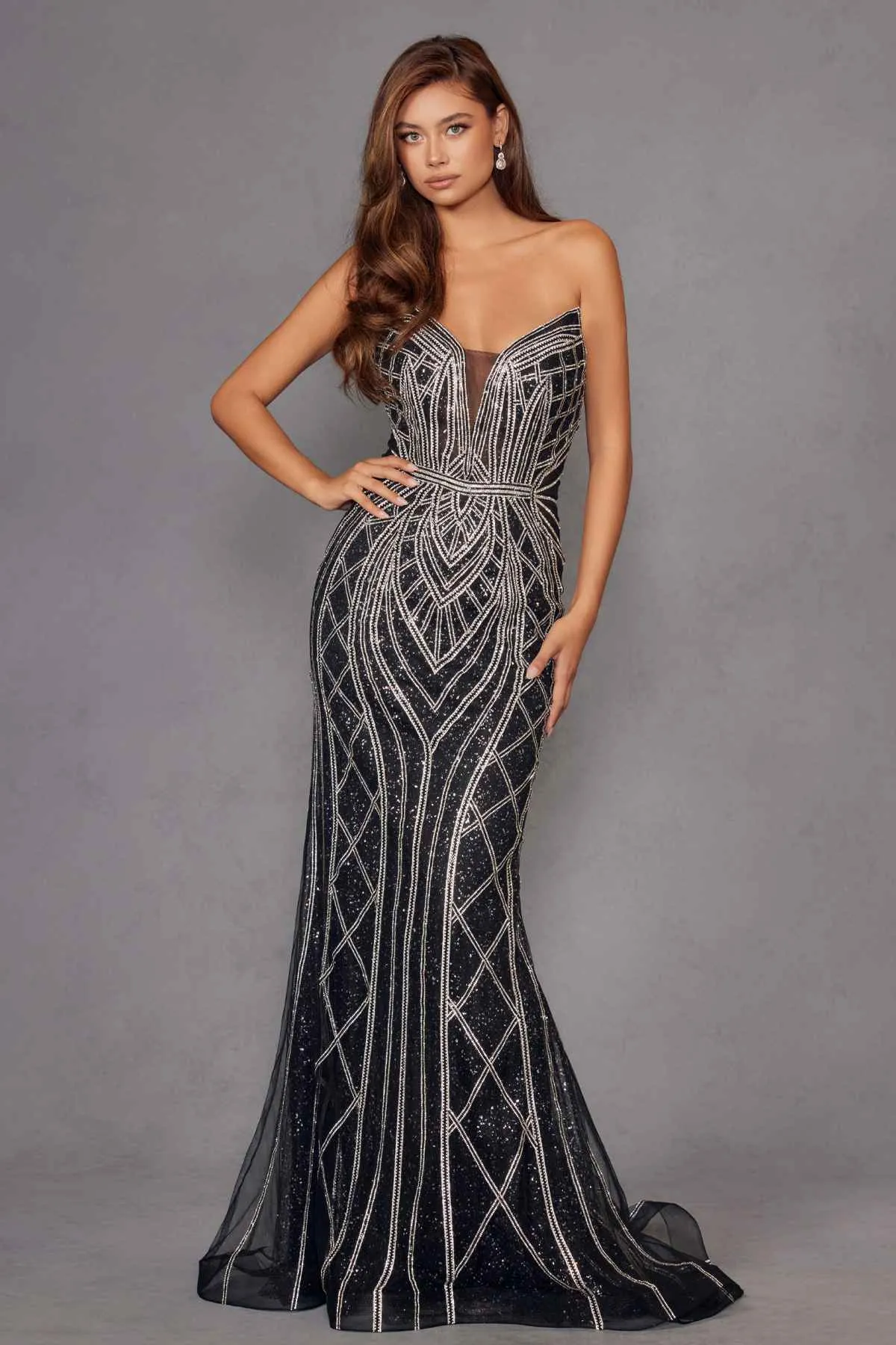 Juliet JT2525L Luxury High End Strapless Fitted Evening Gown