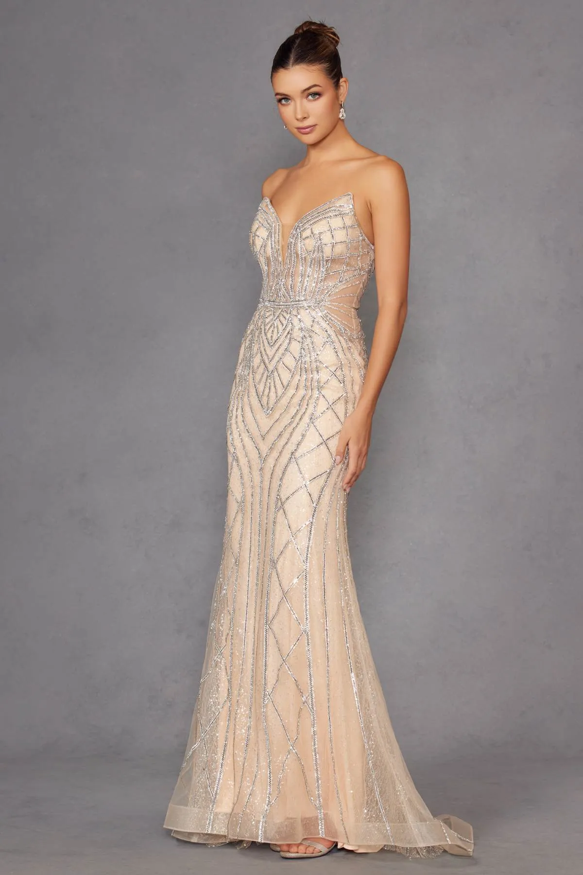 Juliet JT2525L Luxury High End Strapless Fitted Evening Gown