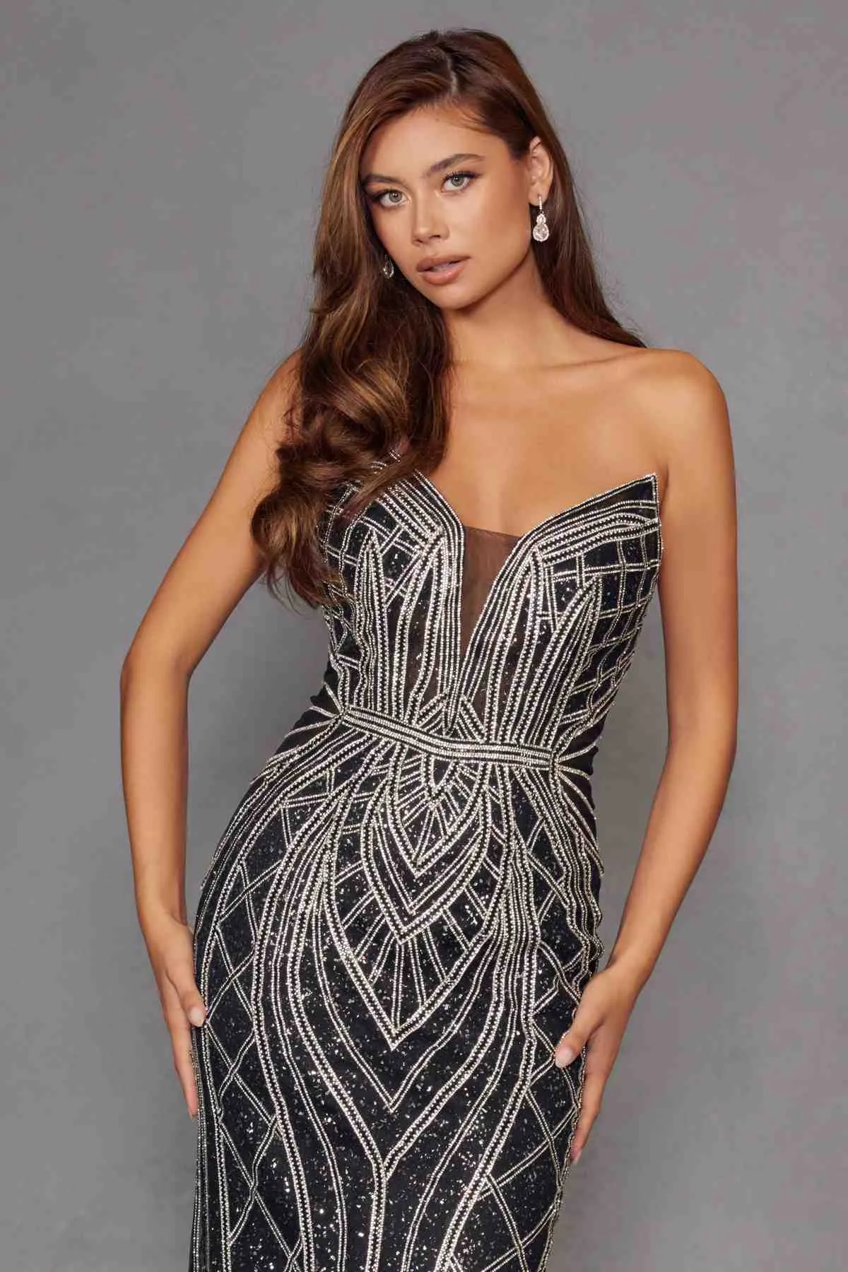 Juliet JT2525L Luxury High End Strapless Fitted Evening Gown