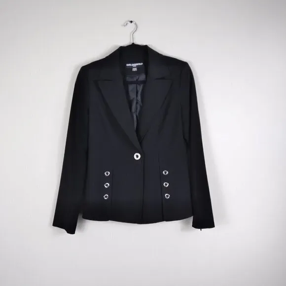 Karl Lagerfeld Paris Classic Black Tuxedo Style Jacket w Edgy Mariner Twist Sz 2
