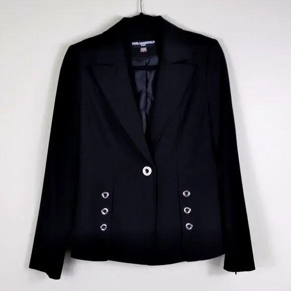 Karl Lagerfeld Paris Classic Black Tuxedo Style Jacket w Edgy Mariner Twist Sz 2