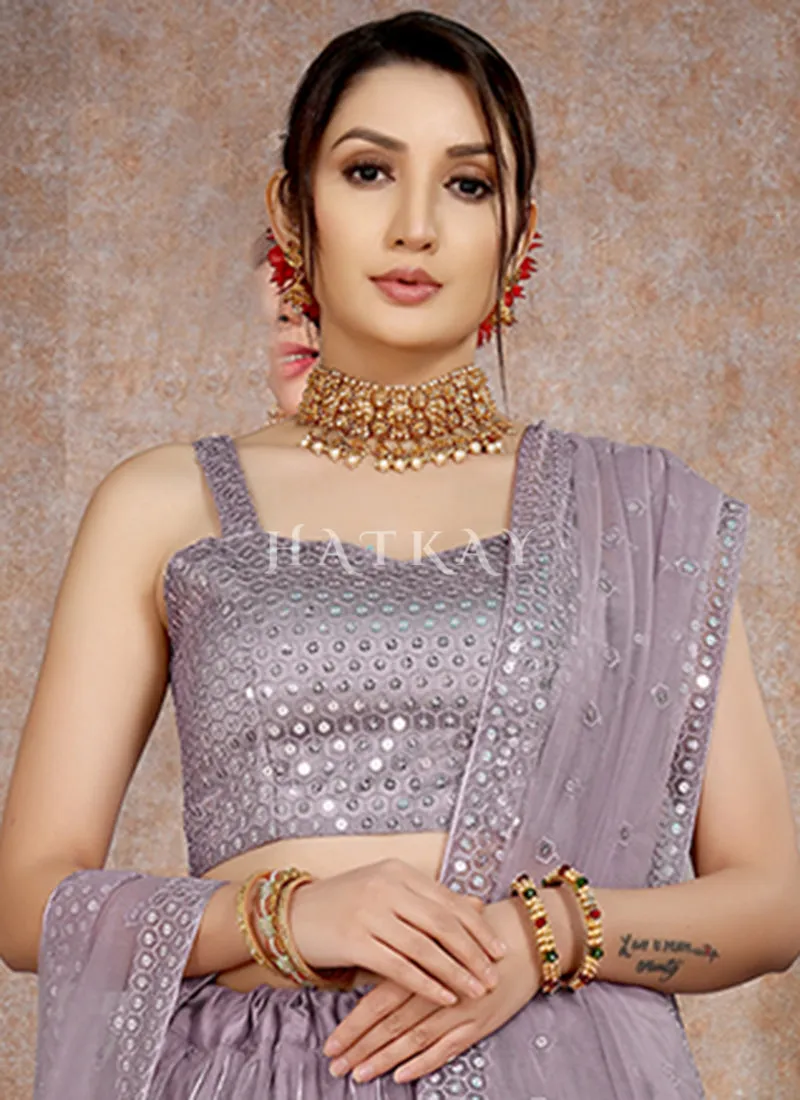 Lavender Mirror Work Embroidery Net Lehenga Choli