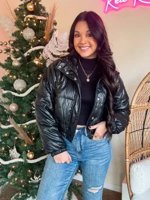 LEATHER PUFFER COAT-BLACK