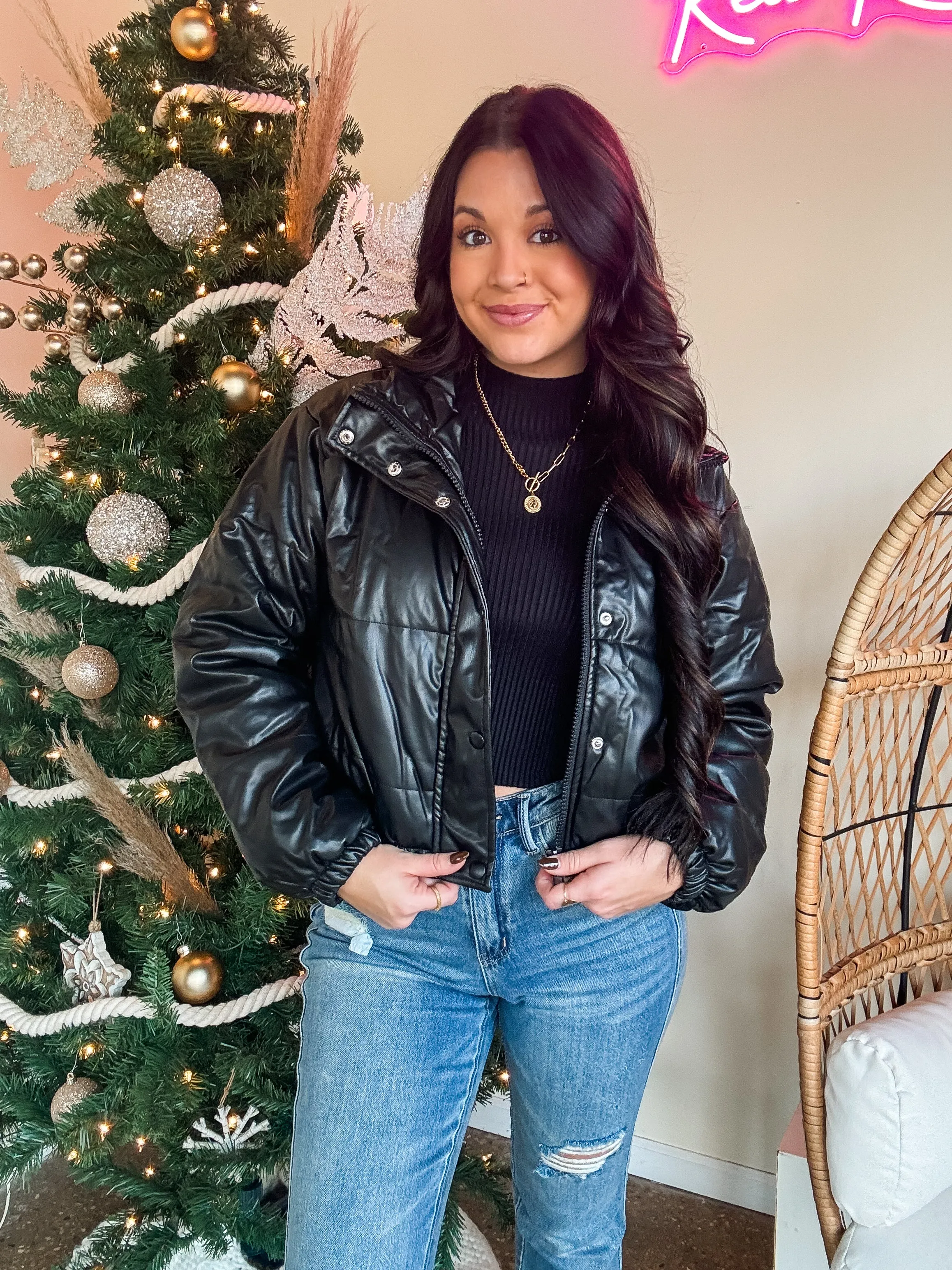 LEATHER PUFFER COAT-BLACK