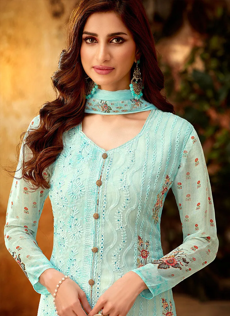 Light Blue Multi Embroidered And Printed Designer Palazzo Suit