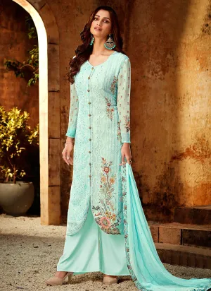 Light Blue Multi Embroidered And Printed Designer Palazzo Suit