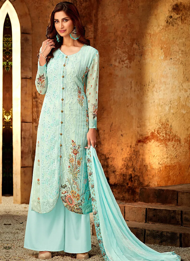 Light Blue Multi Embroidered And Printed Designer Palazzo Suit