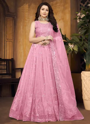 Light Pink Traditional Mirror Work Net Lehenga Choli