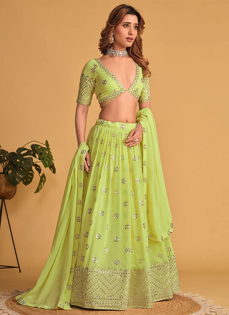 Lime Green Sequence Embroidery Wedding Lehenga Choli
