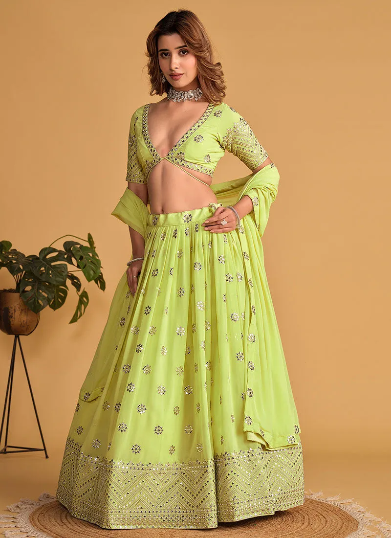 Lime Green Sequence Embroidery Wedding Lehenga Choli