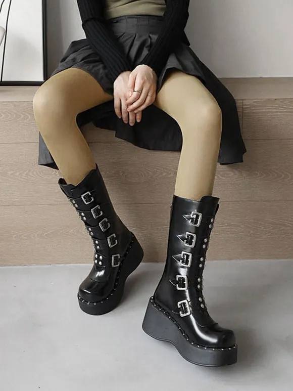 Lolita Boots Round Toe Zipper PU Leather Black Lolita Footwear