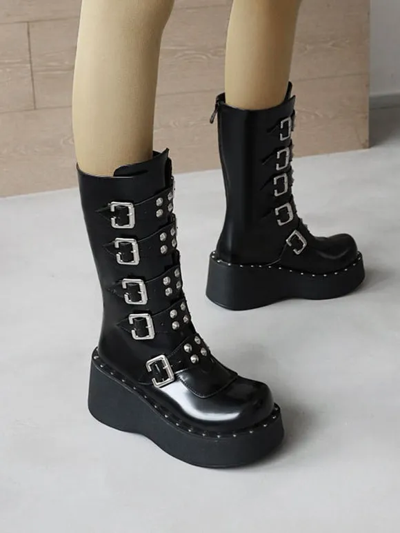Lolita Boots Round Toe Zipper PU Leather Black Lolita Footwear