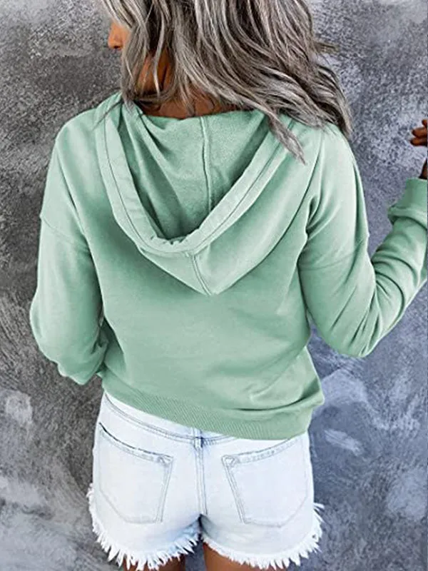 Loose Casual Button Collar Drawstring Pocket Hoodie