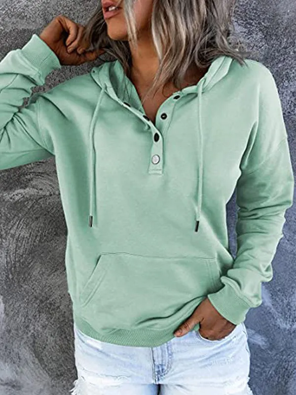 Loose Casual Button Collar Drawstring Pocket Hoodie
