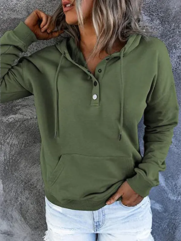 Loose Casual Button Collar Drawstring Pocket Hoodie