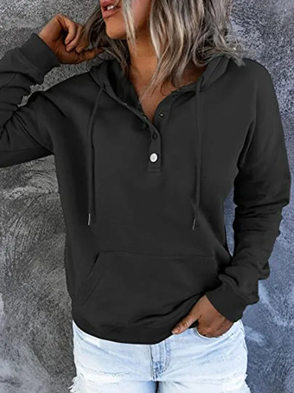 Loose Casual Button Collar Drawstring Pocket Hoodie