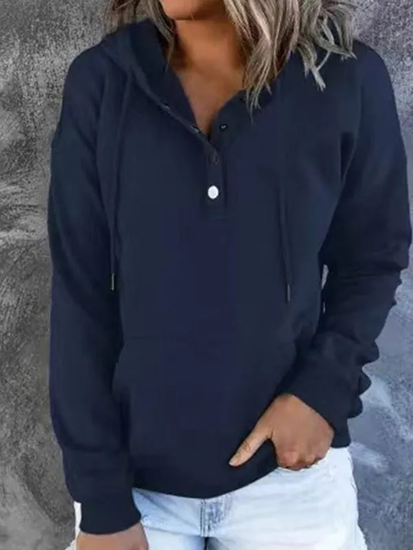Loose Casual Button Collar Drawstring Pocket Hoodie