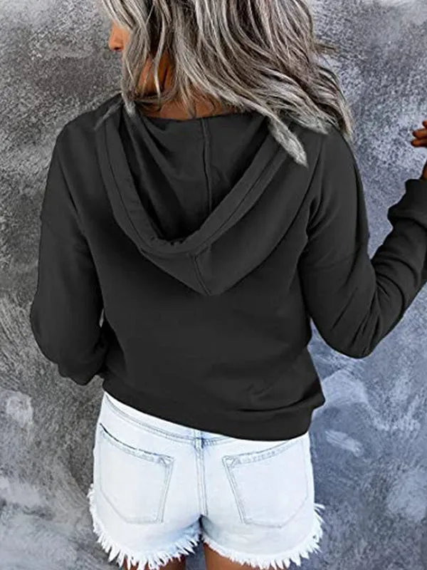 Loose Casual Button Collar Drawstring Pocket Hoodie