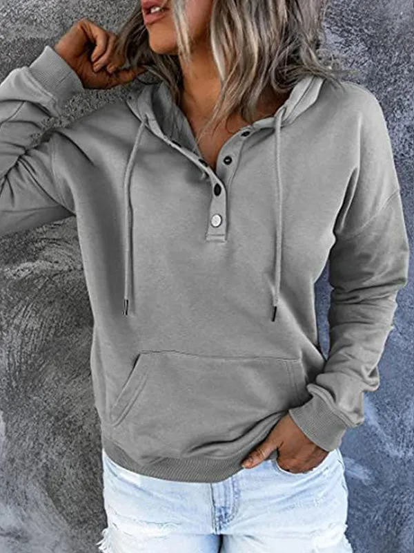 Loose Casual Button Collar Drawstring Pocket Hoodie