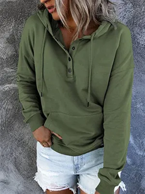 Loose Casual Button Collar Drawstring Pocket Hoodie