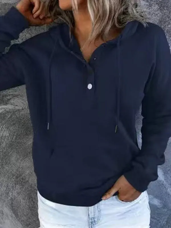 Loose Casual Button Collar Drawstring Pocket Hoodie