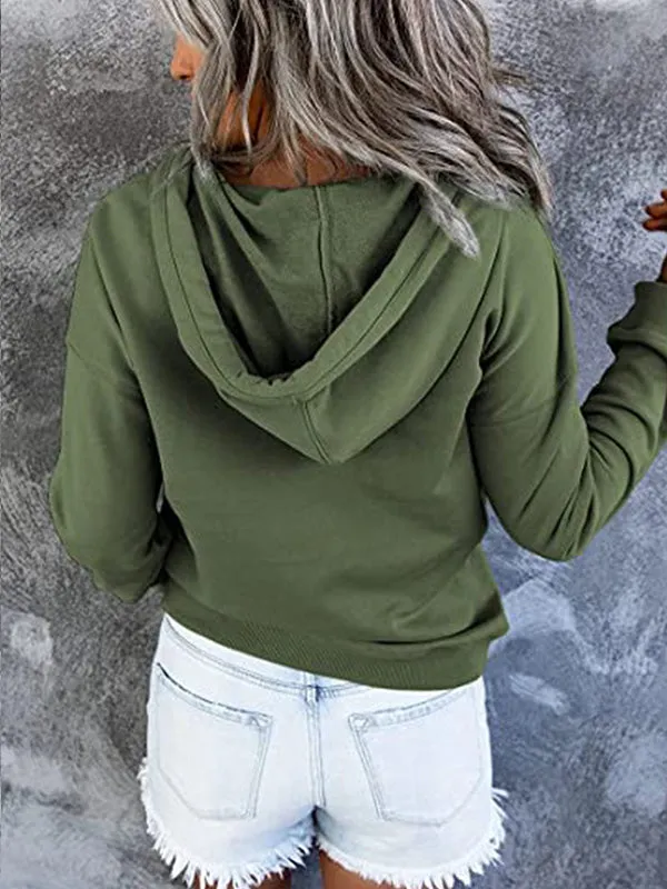 Loose Casual Button Collar Drawstring Pocket Hoodie