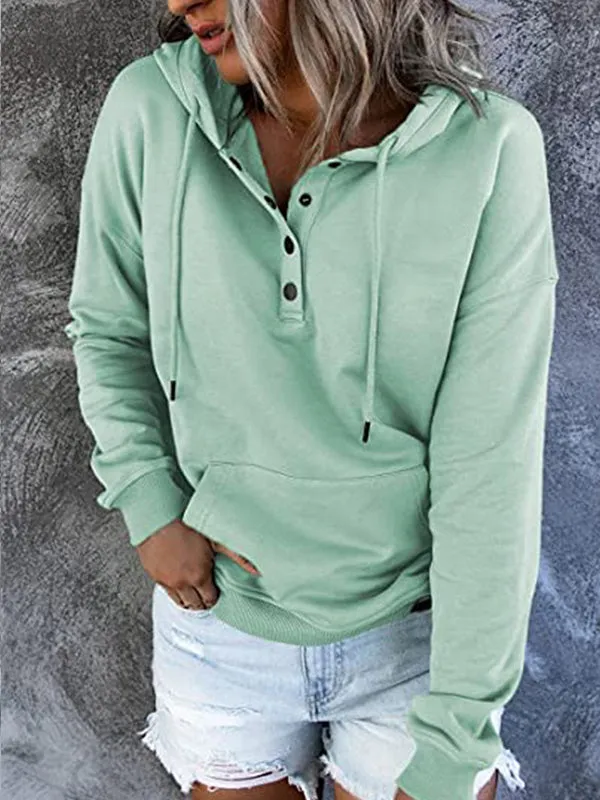 Loose Casual Button Collar Drawstring Pocket Hoodie