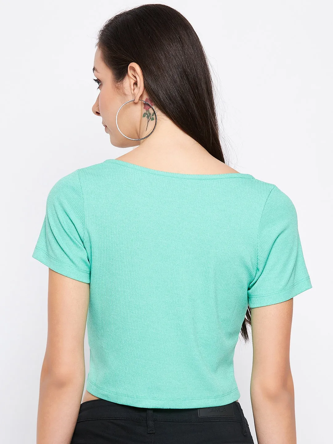 Madame Sea Green Scoop Neckline  Cotton Crop Top