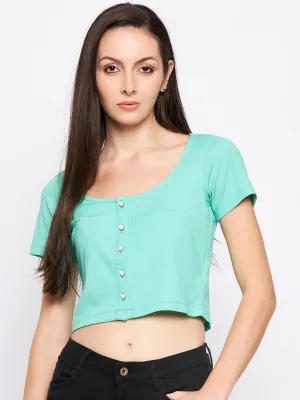 Madame Sea Green Scoop Neckline  Cotton Crop Top