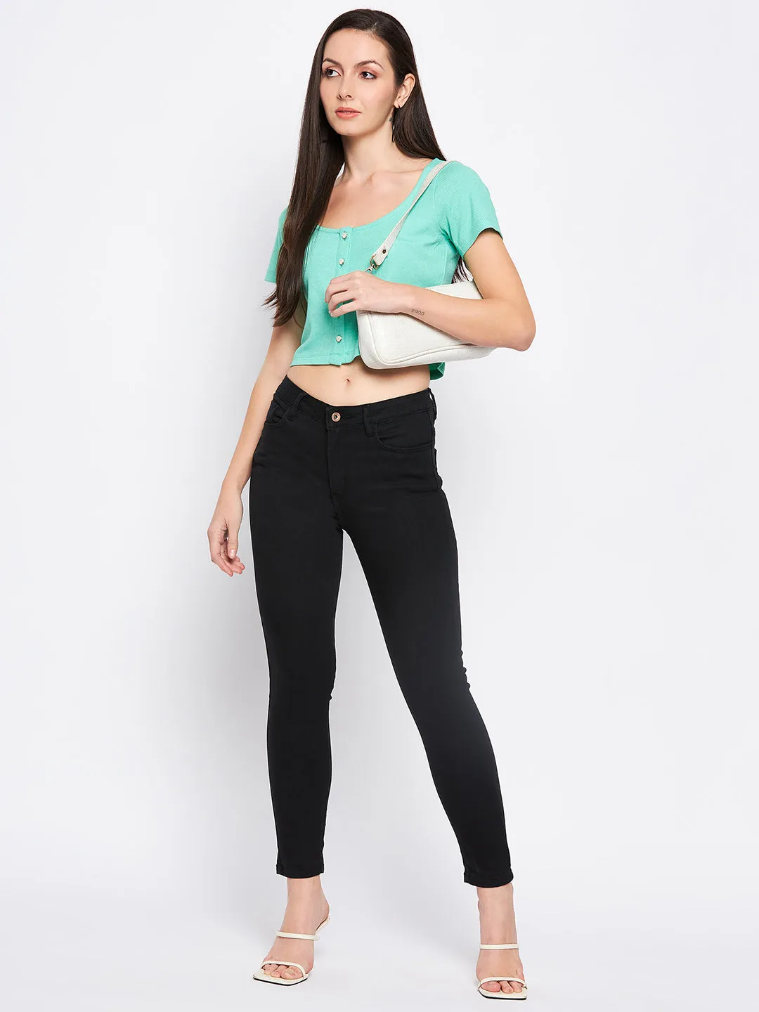 Madame Sea Green Scoop Neckline  Cotton Crop Top