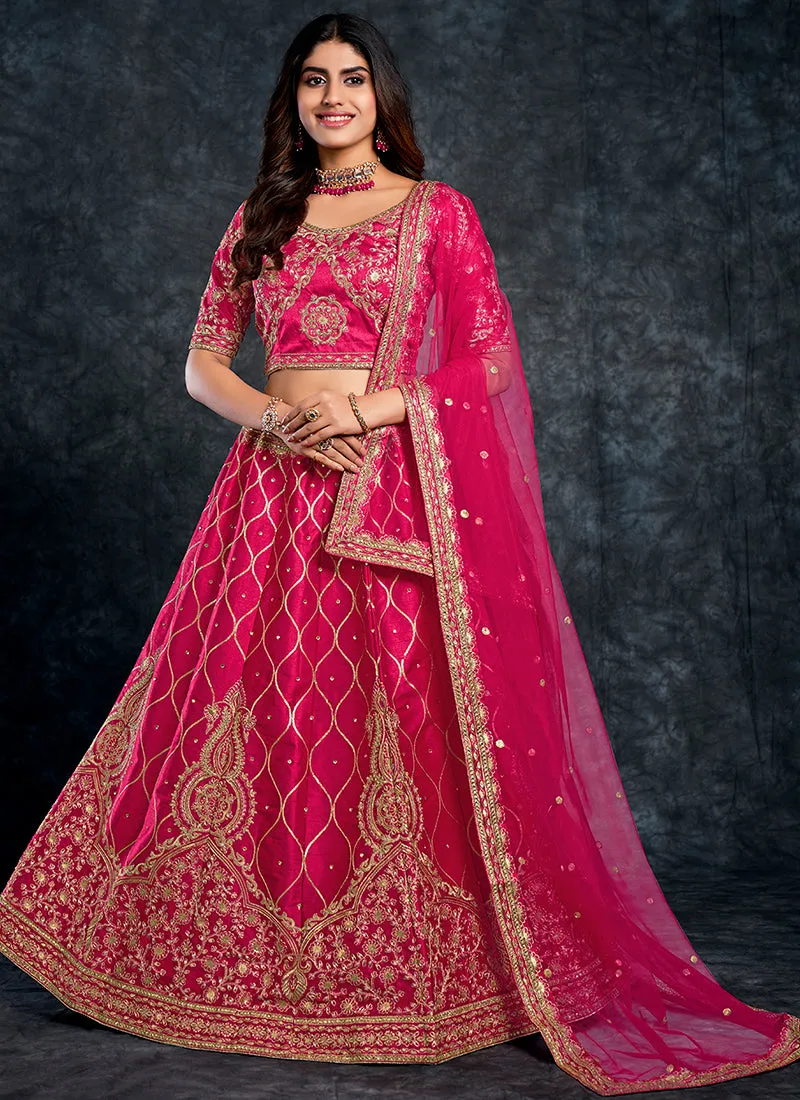 Magenta Zarkan Embroidery Silk Wedding Lehenga Choli