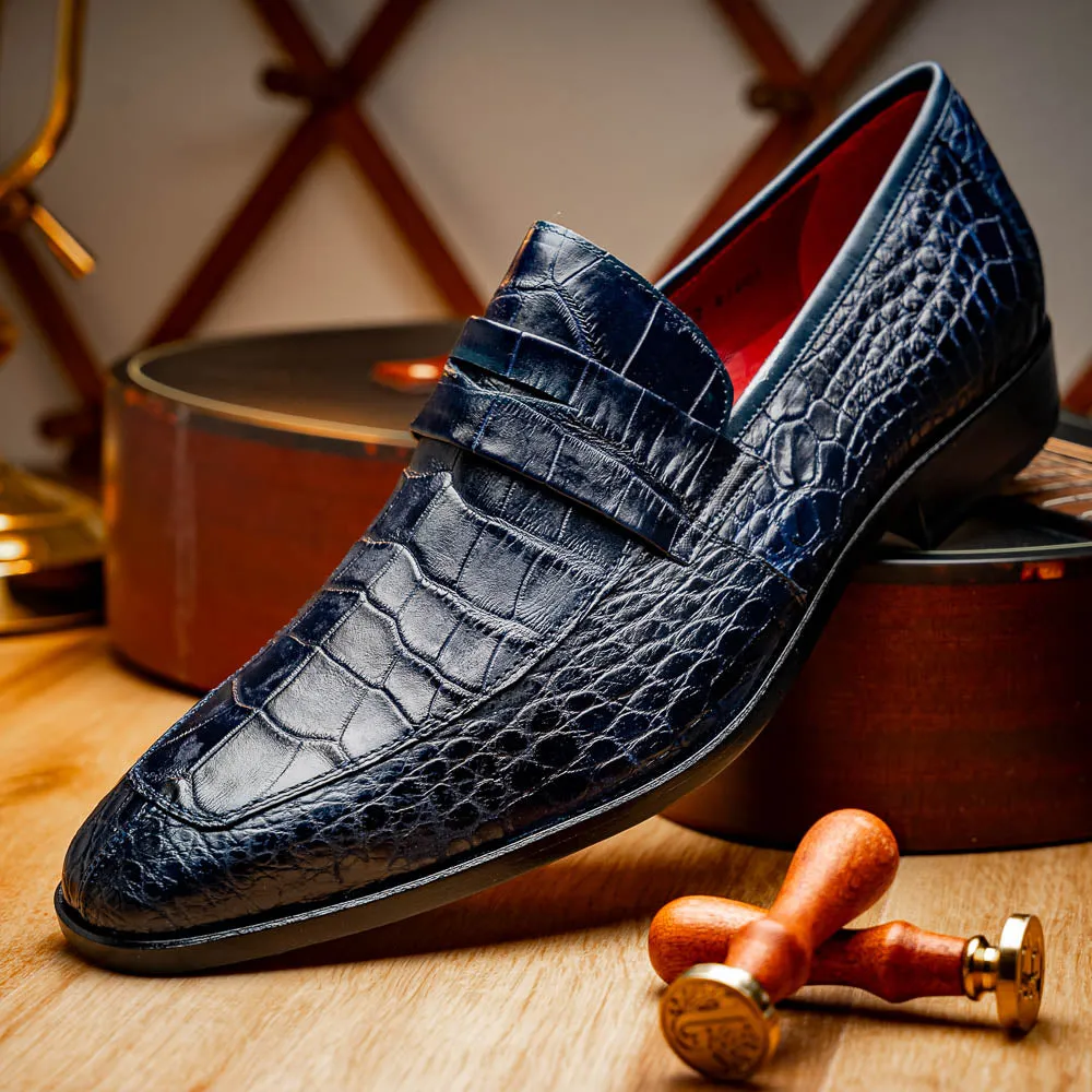 Marco Di Milano Matteo in Navy Alligator Penny Loafers