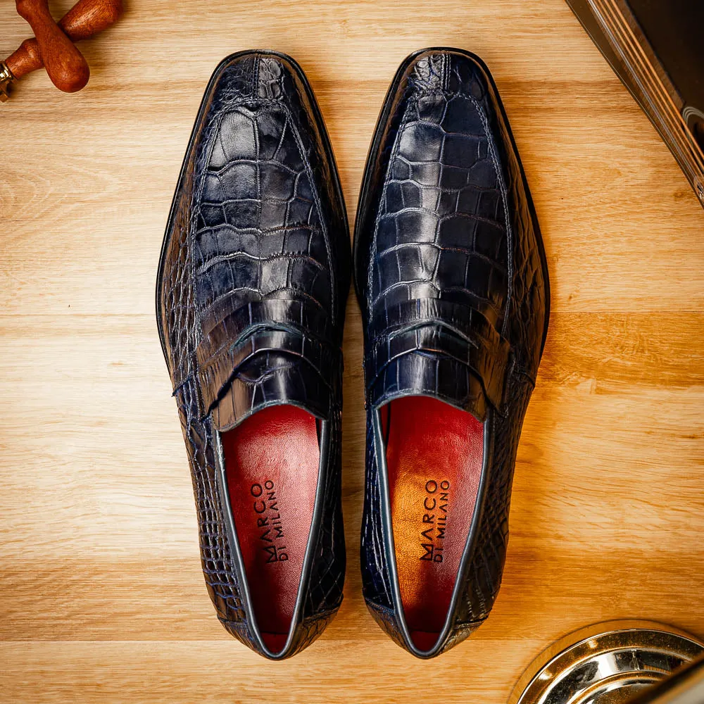 Marco Di Milano Matteo in Navy Alligator Penny Loafers
