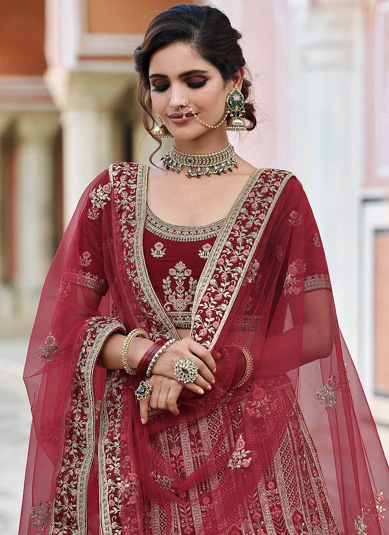 Maroon Embroidered Velvet Wedding Lehenga Choli