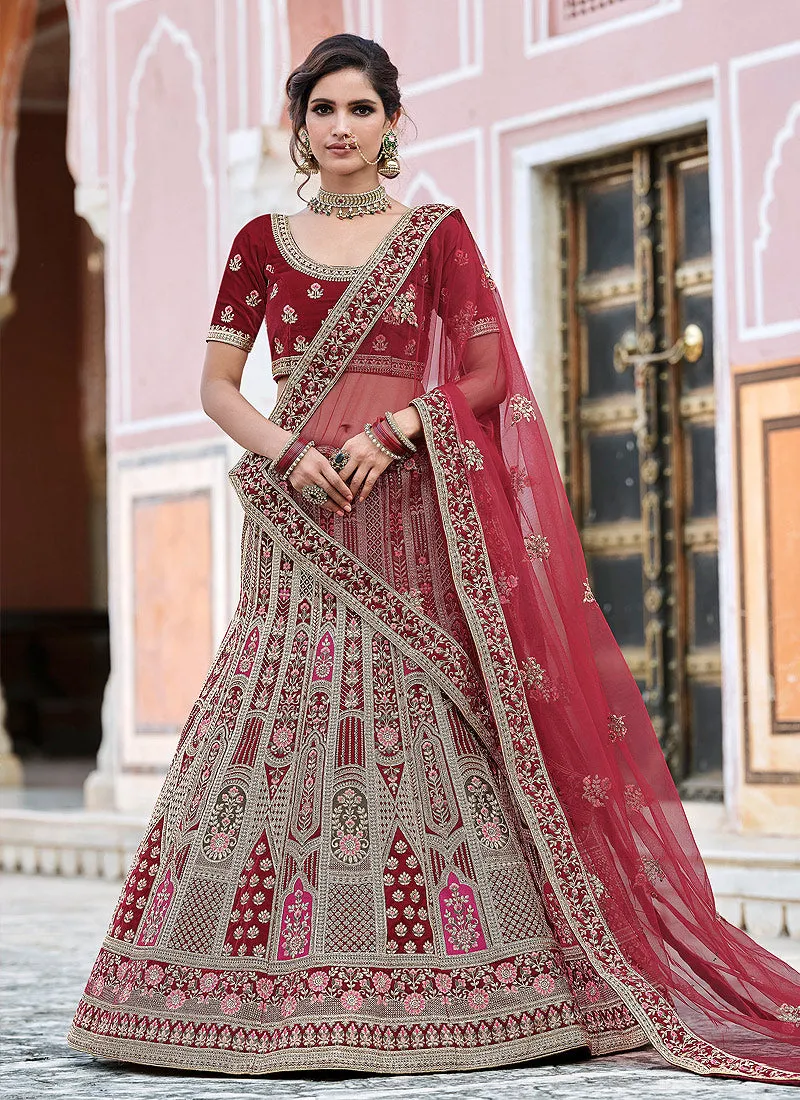 Maroon Embroidered Velvet Wedding Lehenga Choli