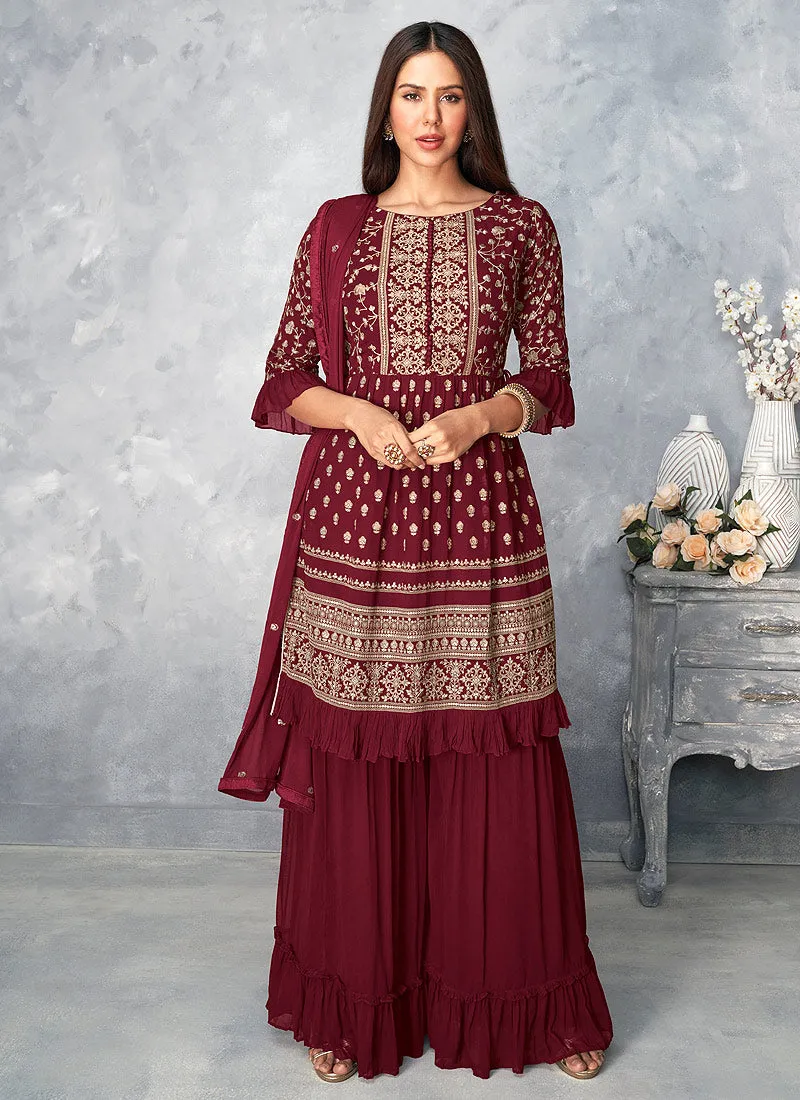 Maroon Golden Embroidered Designer Palazzo Suit
