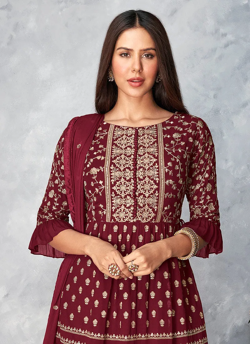 Maroon Golden Embroidered Designer Palazzo Suit