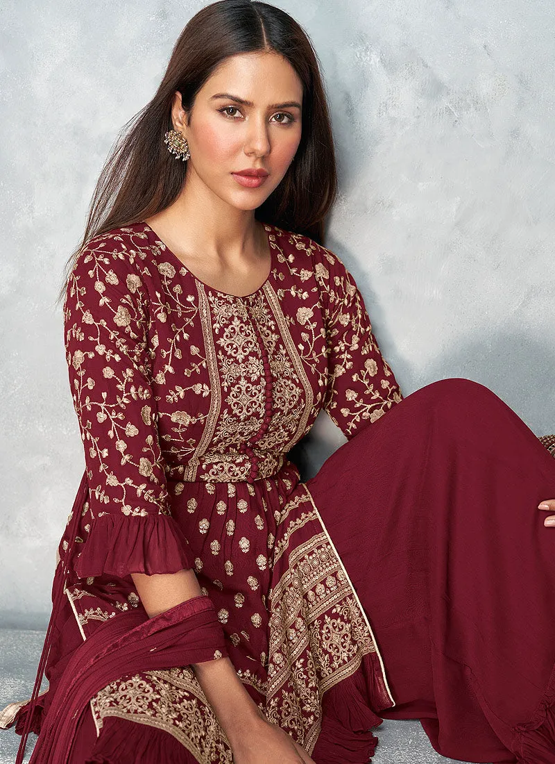 Maroon Golden Embroidered Designer Palazzo Suit
