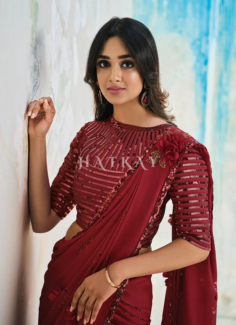 Maroon Sequence Embroidery Designer Silk Saree