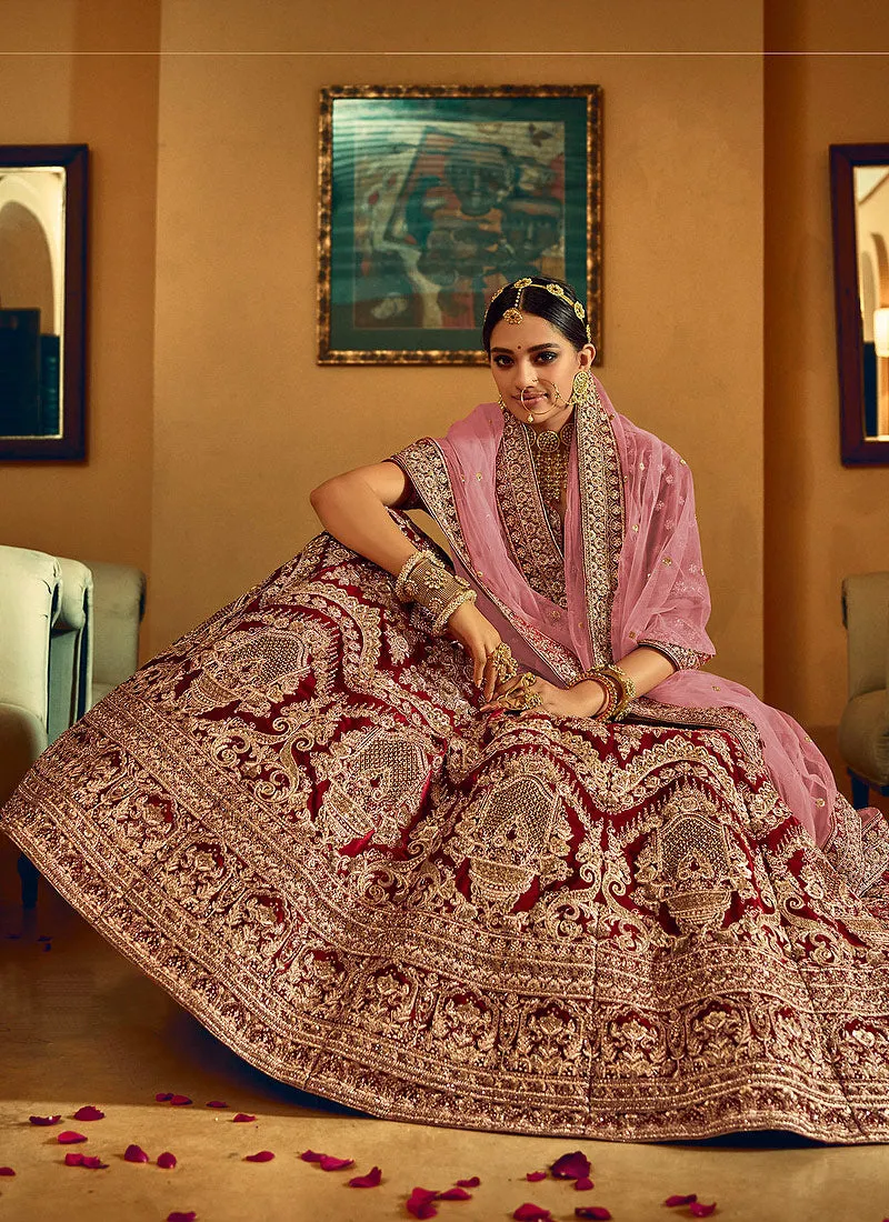 Maroon Zari Embroidered Velvet Wedding Lehenga Choli