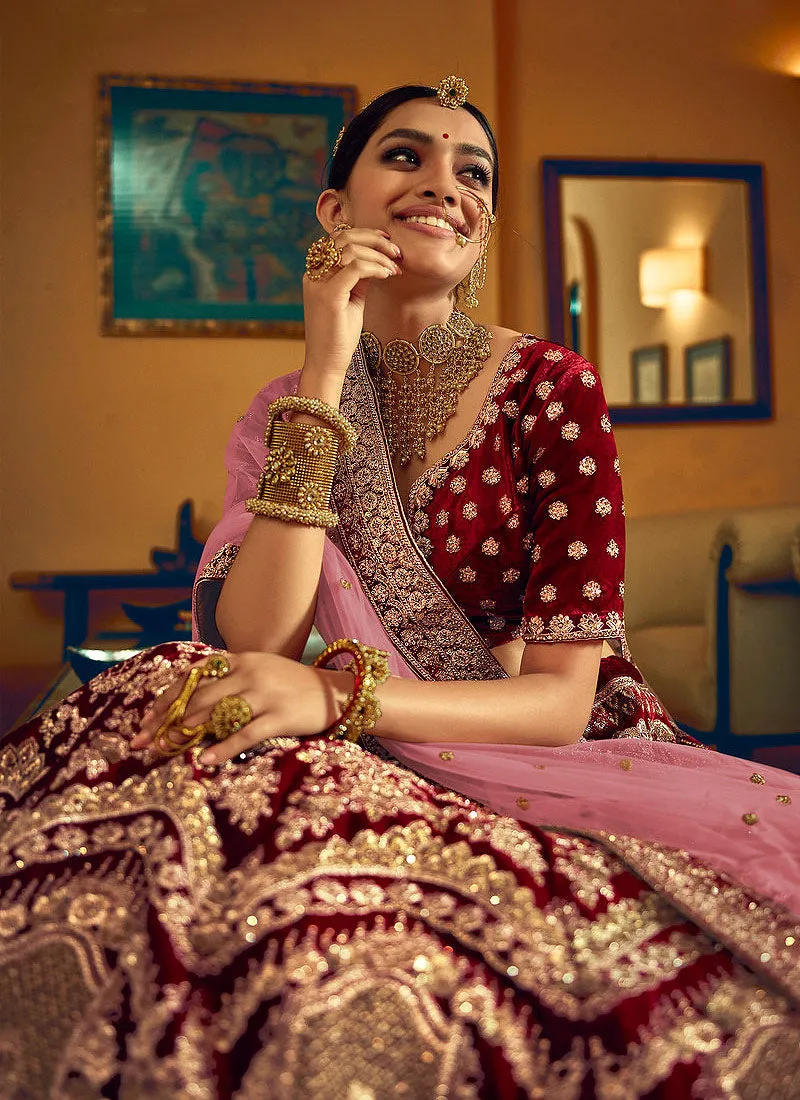 Maroon Zari Embroidered Velvet Wedding Lehenga Choli