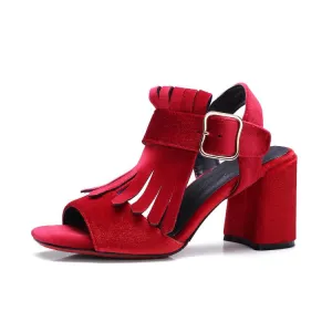 Matte Suede Thick with Belt Buckle High Heel Tassel Shoes Female Fish Mouth Sandals High Heels