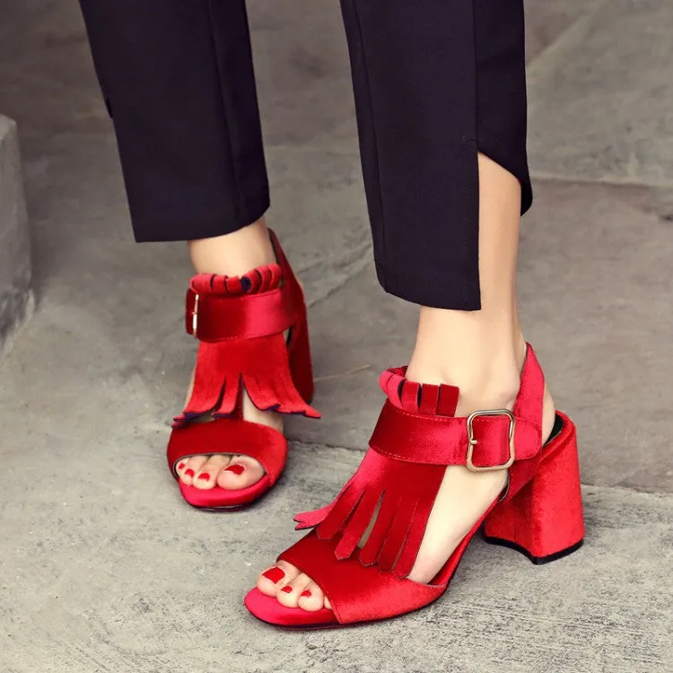 Matte Suede Thick with Belt Buckle High Heel Tassel Shoes Female Fish Mouth Sandals High Heels