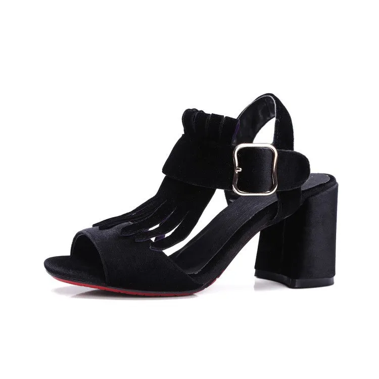 Matte Suede Thick with Belt Buckle High Heel Tassel Shoes Female Fish Mouth Sandals High Heels