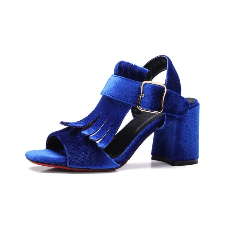 Matte Suede Thick with Belt Buckle High Heel Tassel Shoes Female Fish Mouth Sandals High Heels