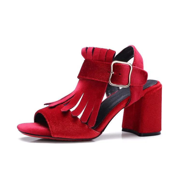 Matte Suede Thick with Belt Buckle High Heel Tassel Shoes Female Fish Mouth Sandals High Heels
