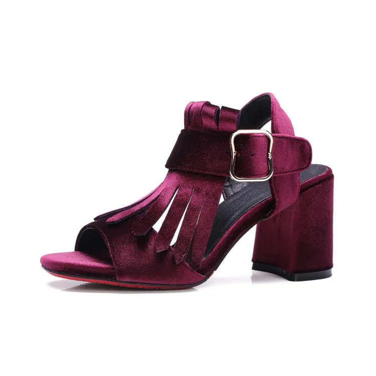 Matte Suede Thick with Belt Buckle High Heel Tassel Shoes Female Fish Mouth Sandals High Heels